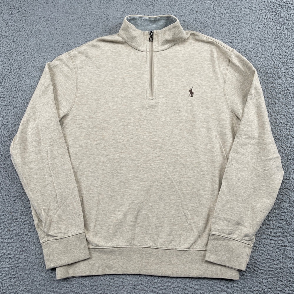 Polo Ralph Lauren Pullover Mens M Beige Quarter Zip Mock Neck Cotton Blend Pony